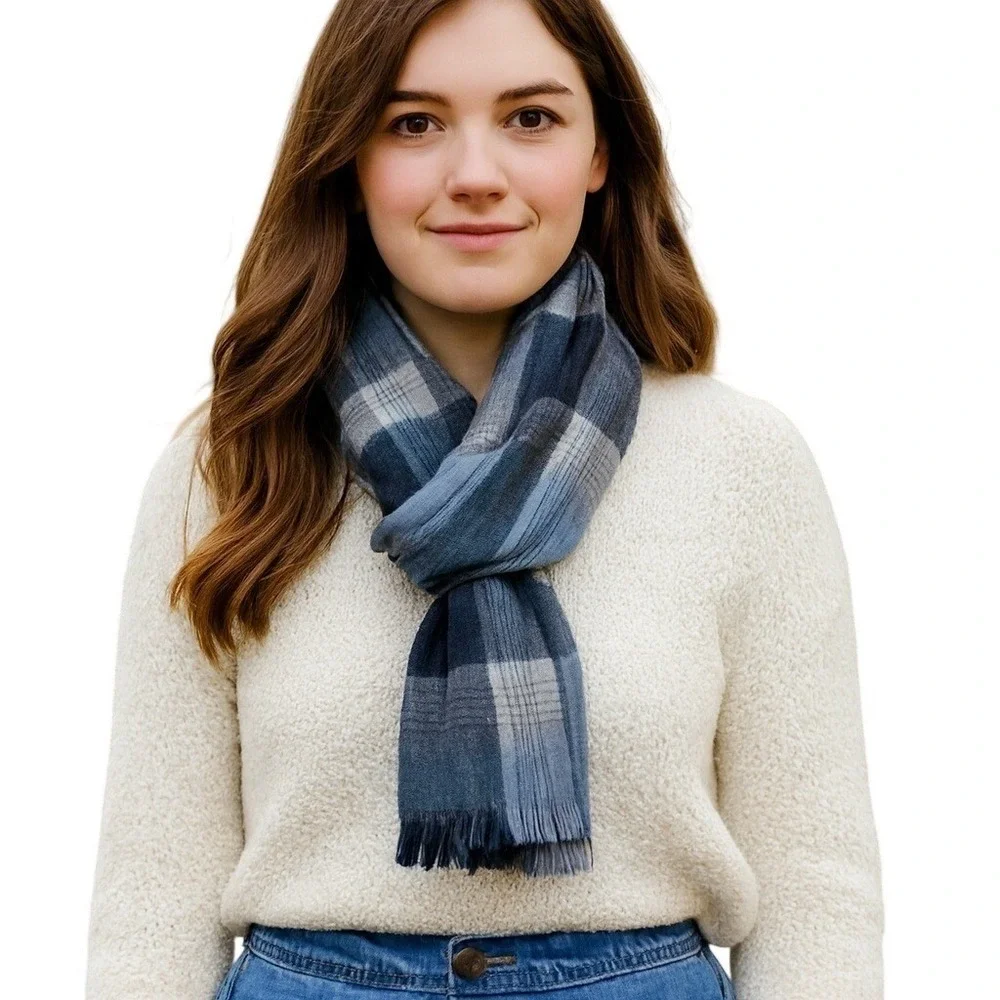 Danier 100% Wool Blue Plaid Scarf Fringed Edges Unisex Plaidcore Cabincore Cozy